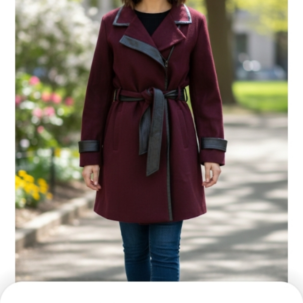 Badgley Mischka wool blend belted faux leather trim coat size XL